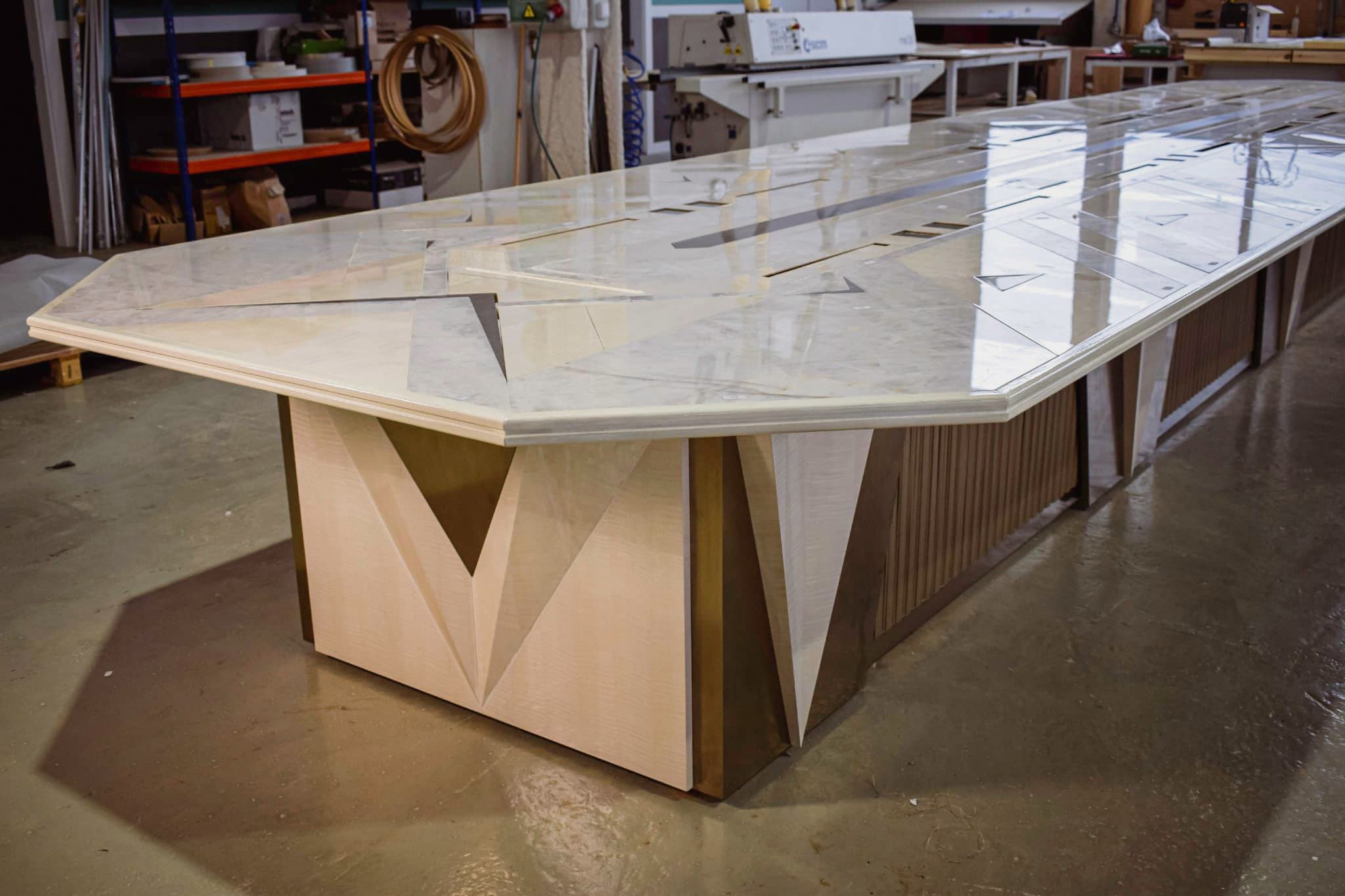 Large bespoke boardroom table with marquetry top and lacquered base by KZ Bespoke