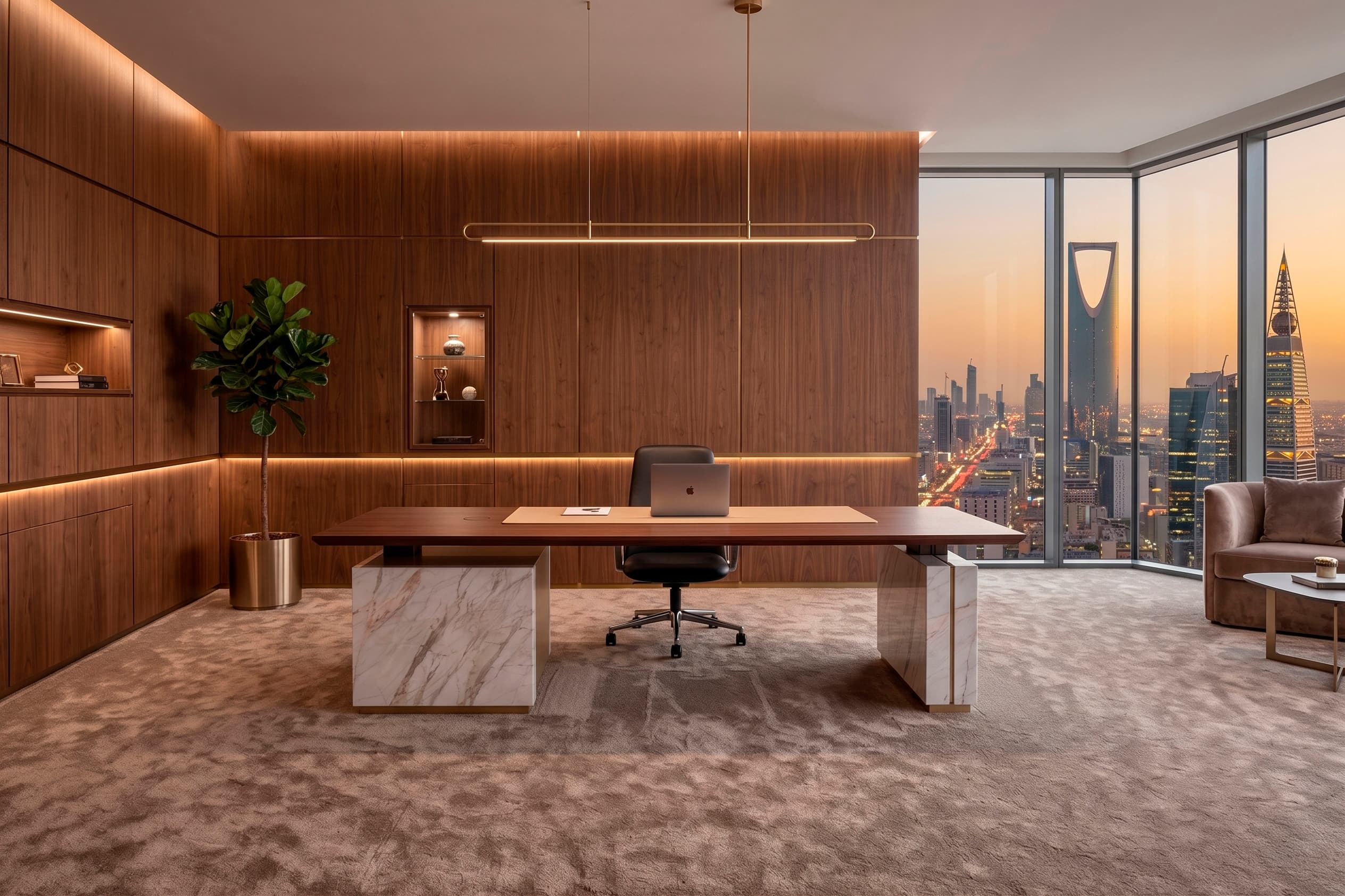 Bespoke walnut and marble executive desk in a wood-paneled office with Riyadh skyline view