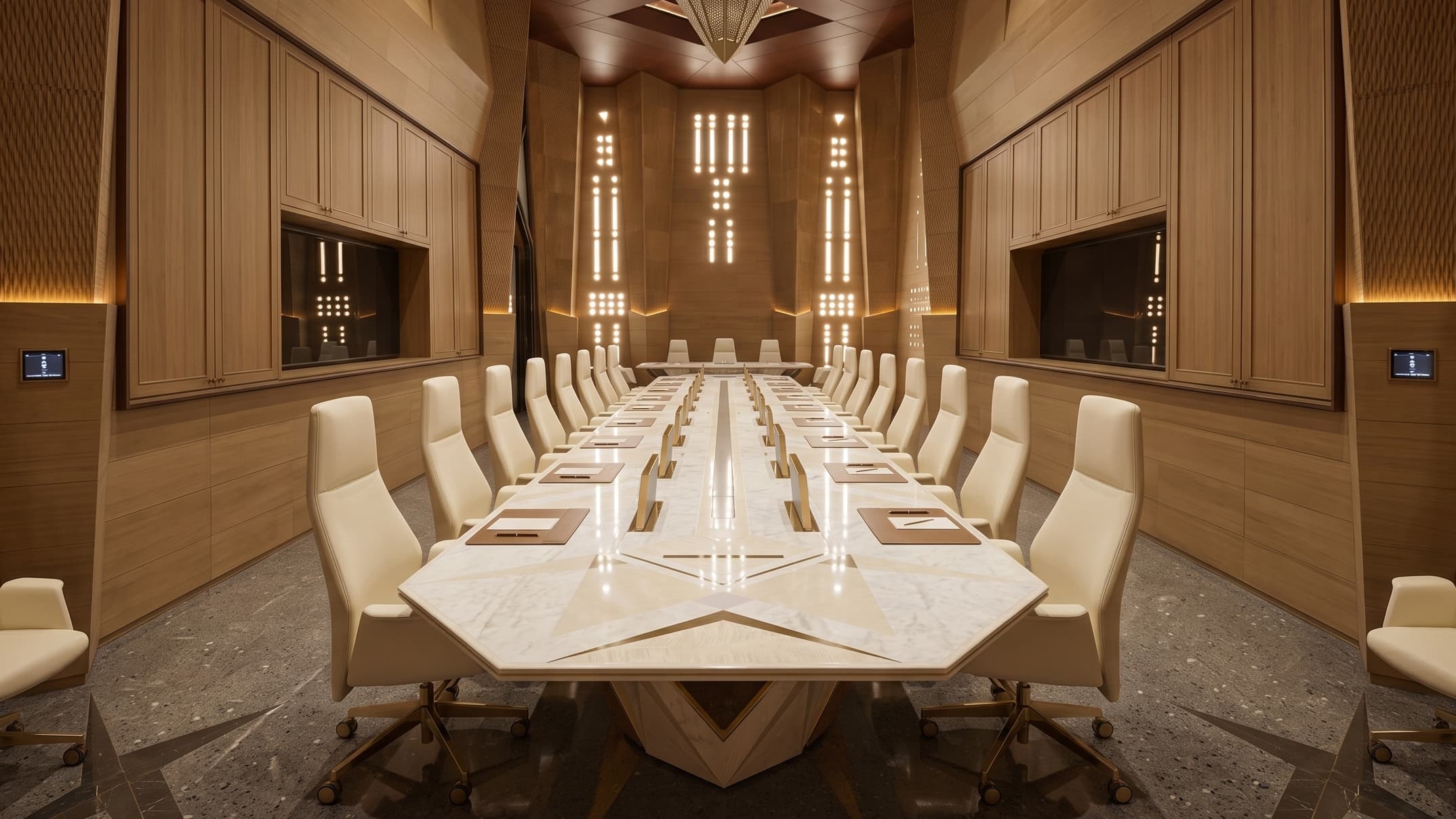 White marble bespoke conference table with star inlay and bronze accents in a wood-paneled royal palace boardroom