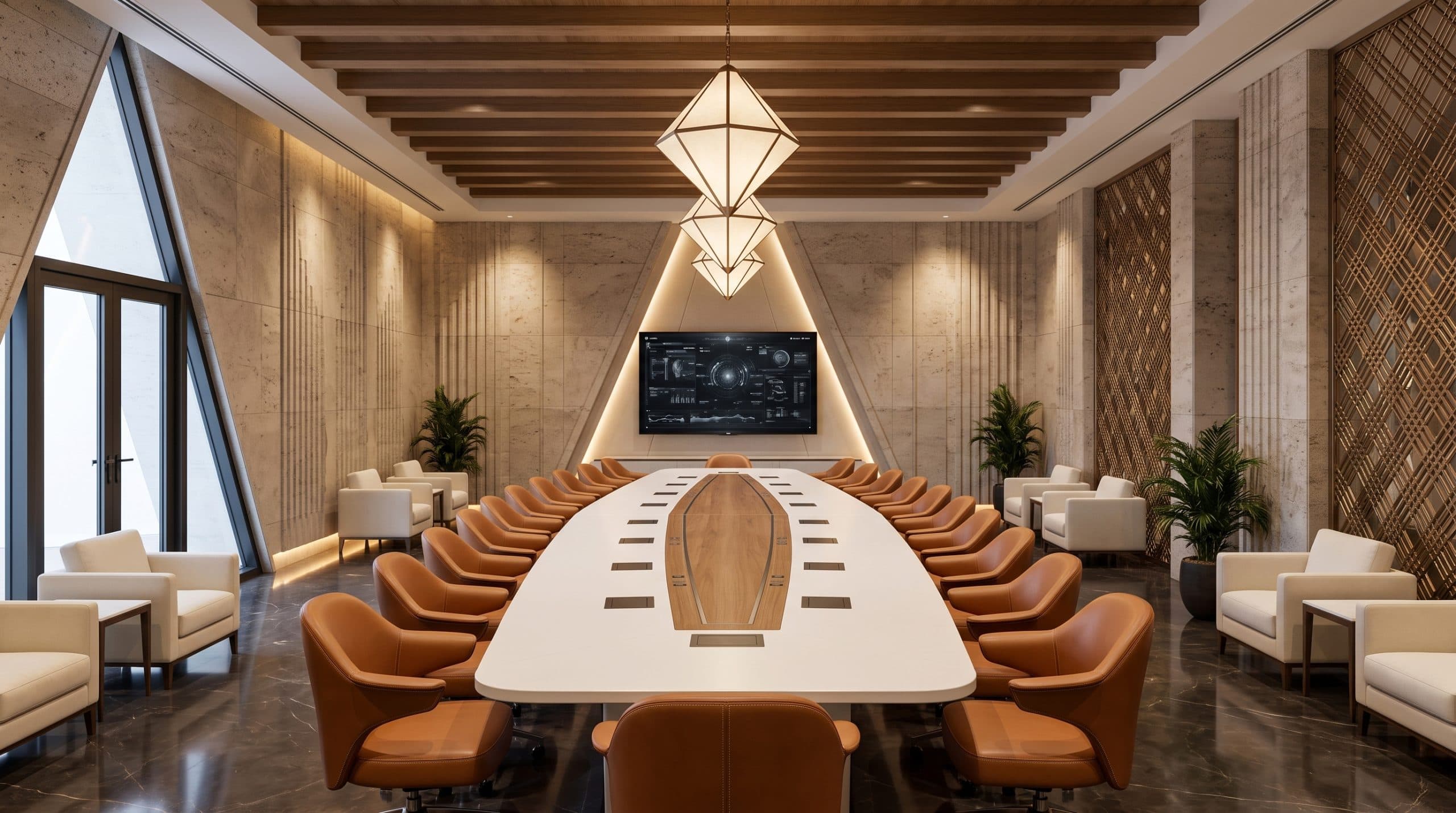 Bespoke white lacquer conference table with wood inlay and tan leather chairs in a stone-clad boardroom