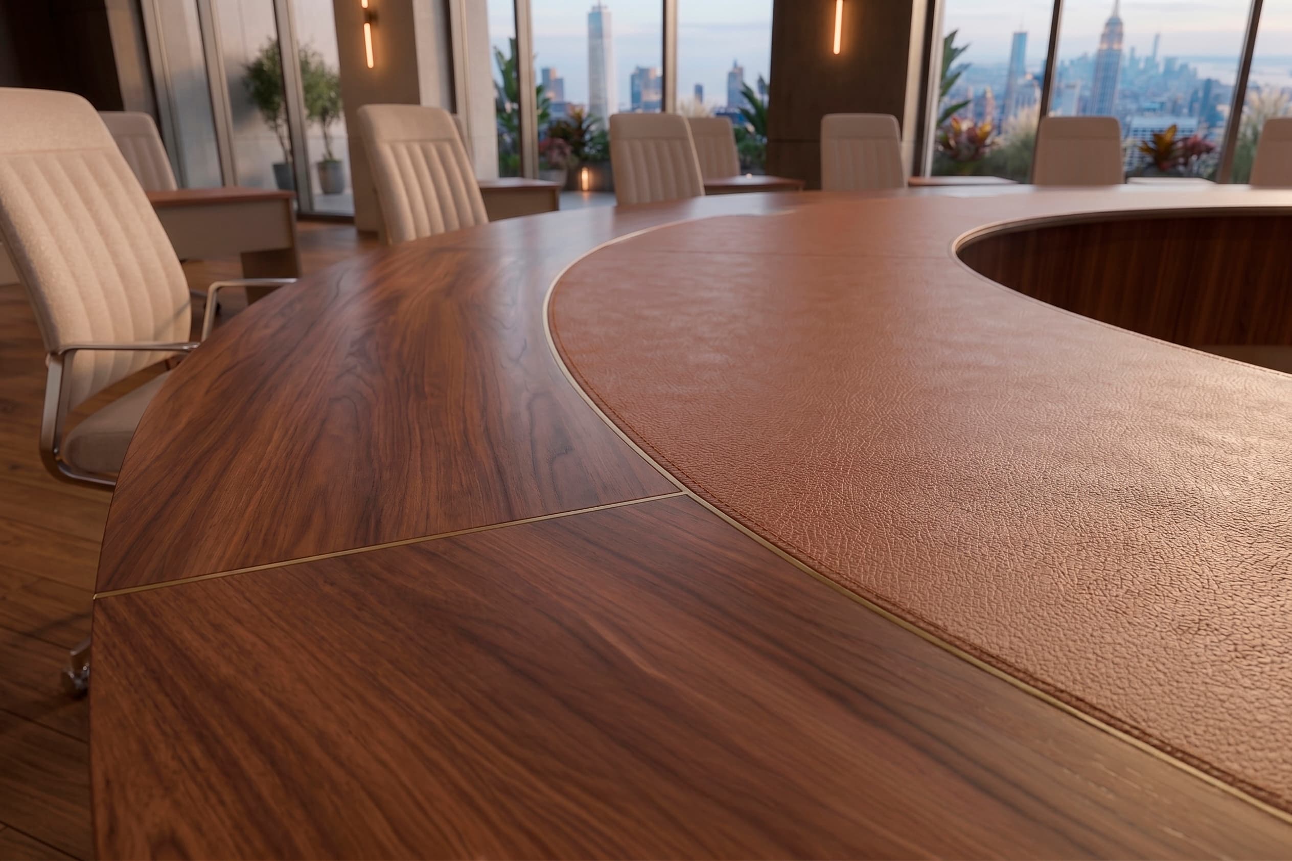 Council-style boardroom with wooden desks and city view