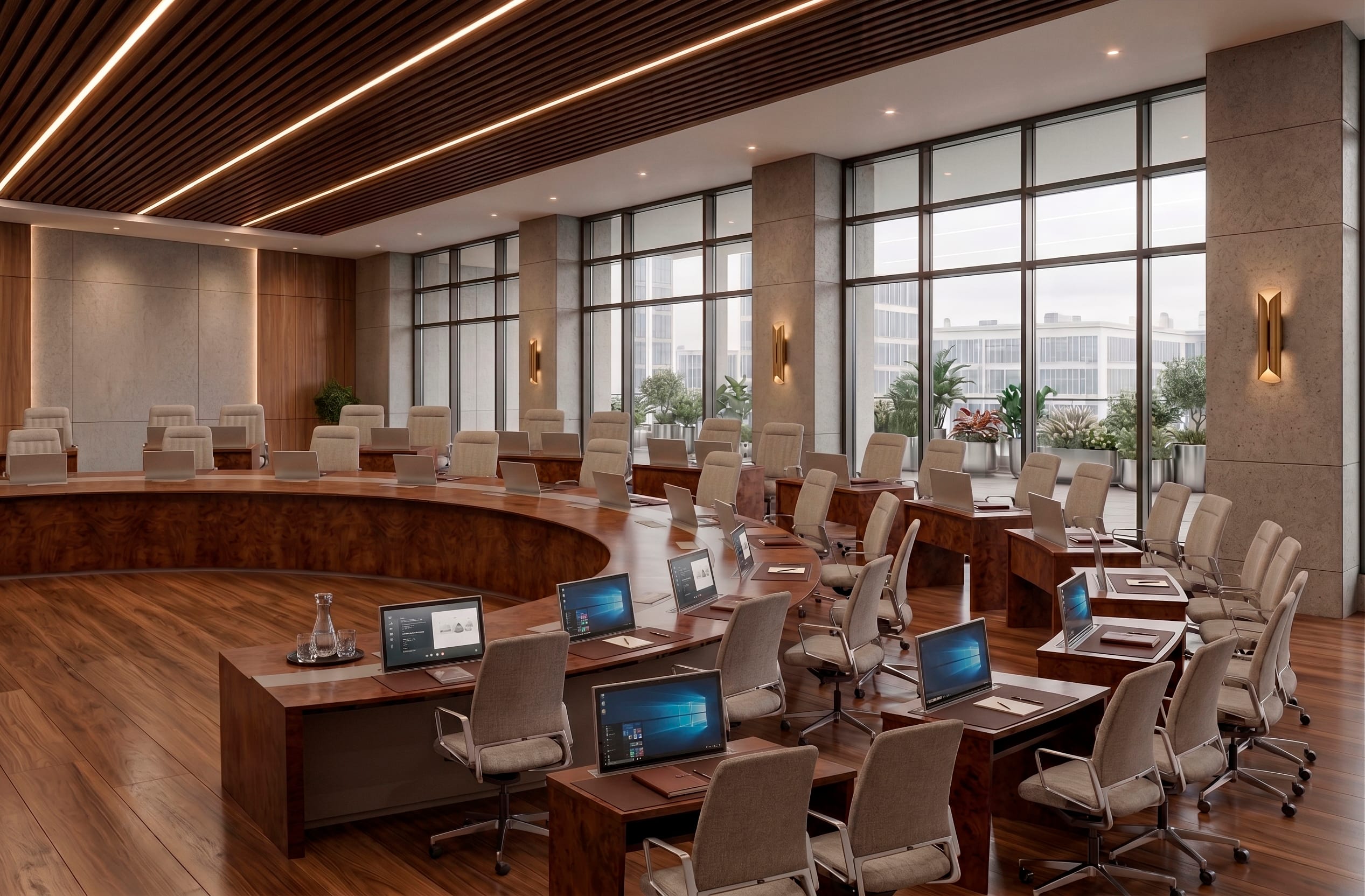 Council-style boardroom with wooden desks and city view