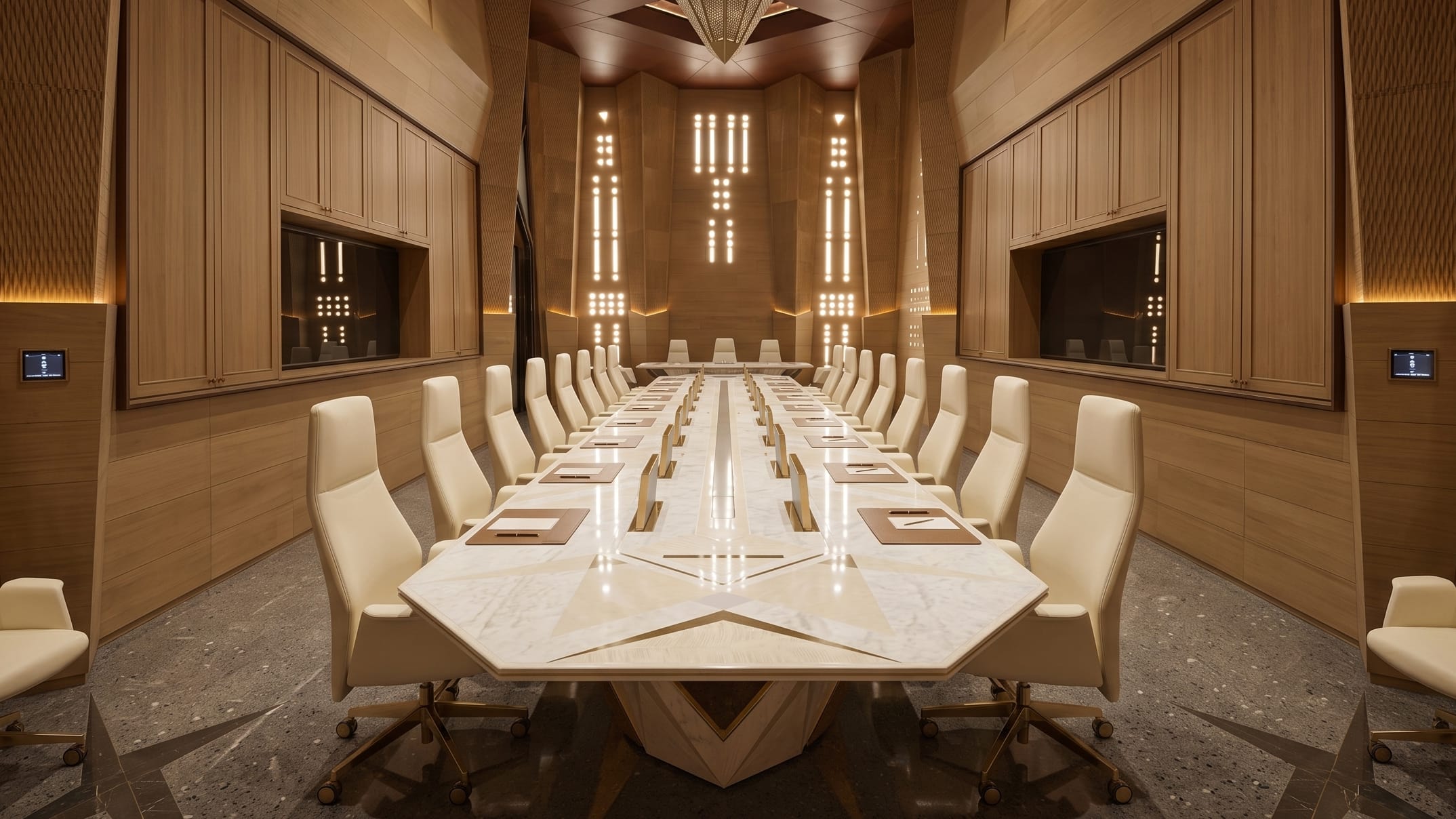 White marble bespoke conference table with star inlay and bronze accents in a wood-paneled royal palace boardroom