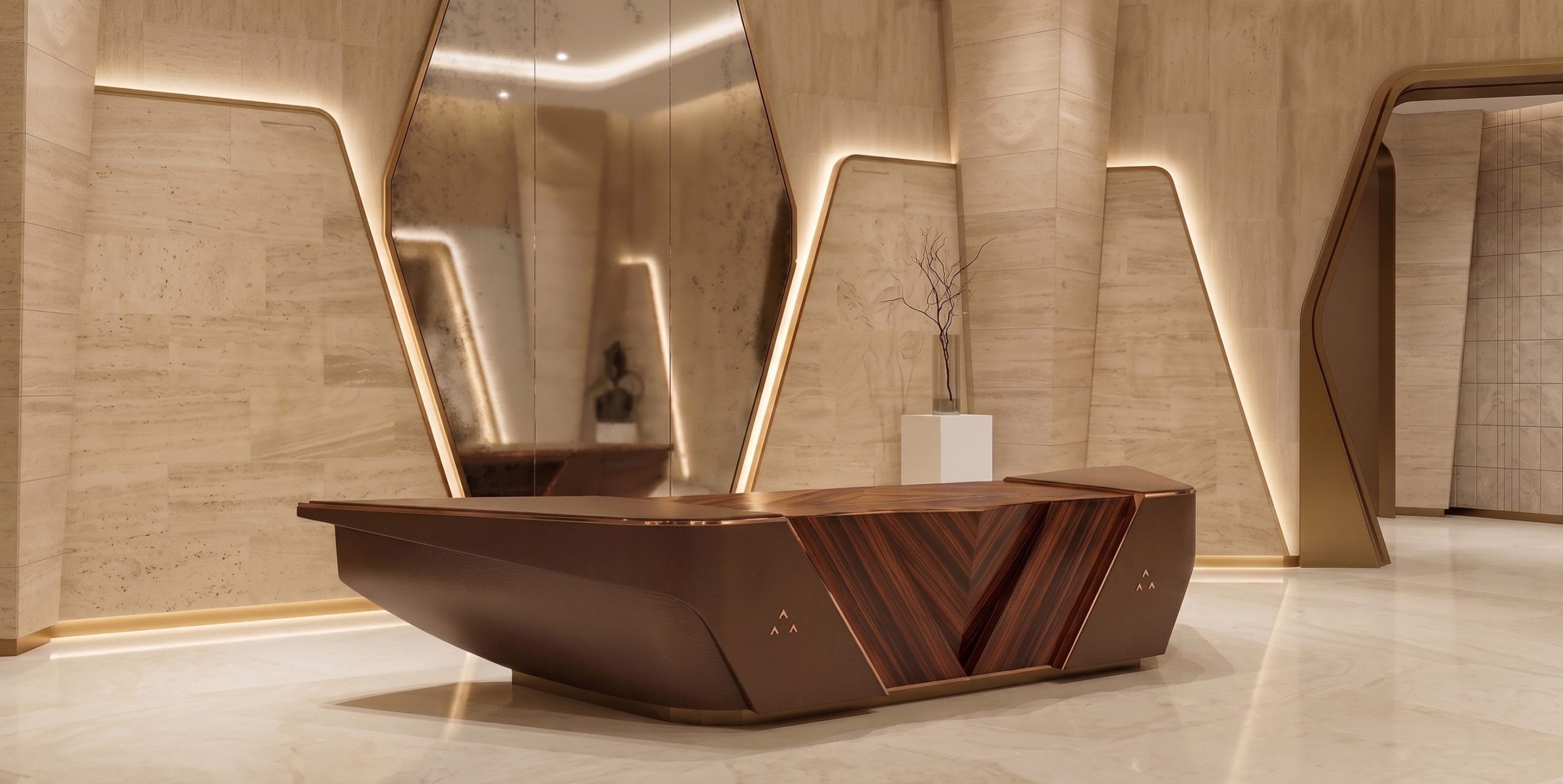 Bespoke leather-clad executive desk with ebony veneer front in a travertine palace lobby