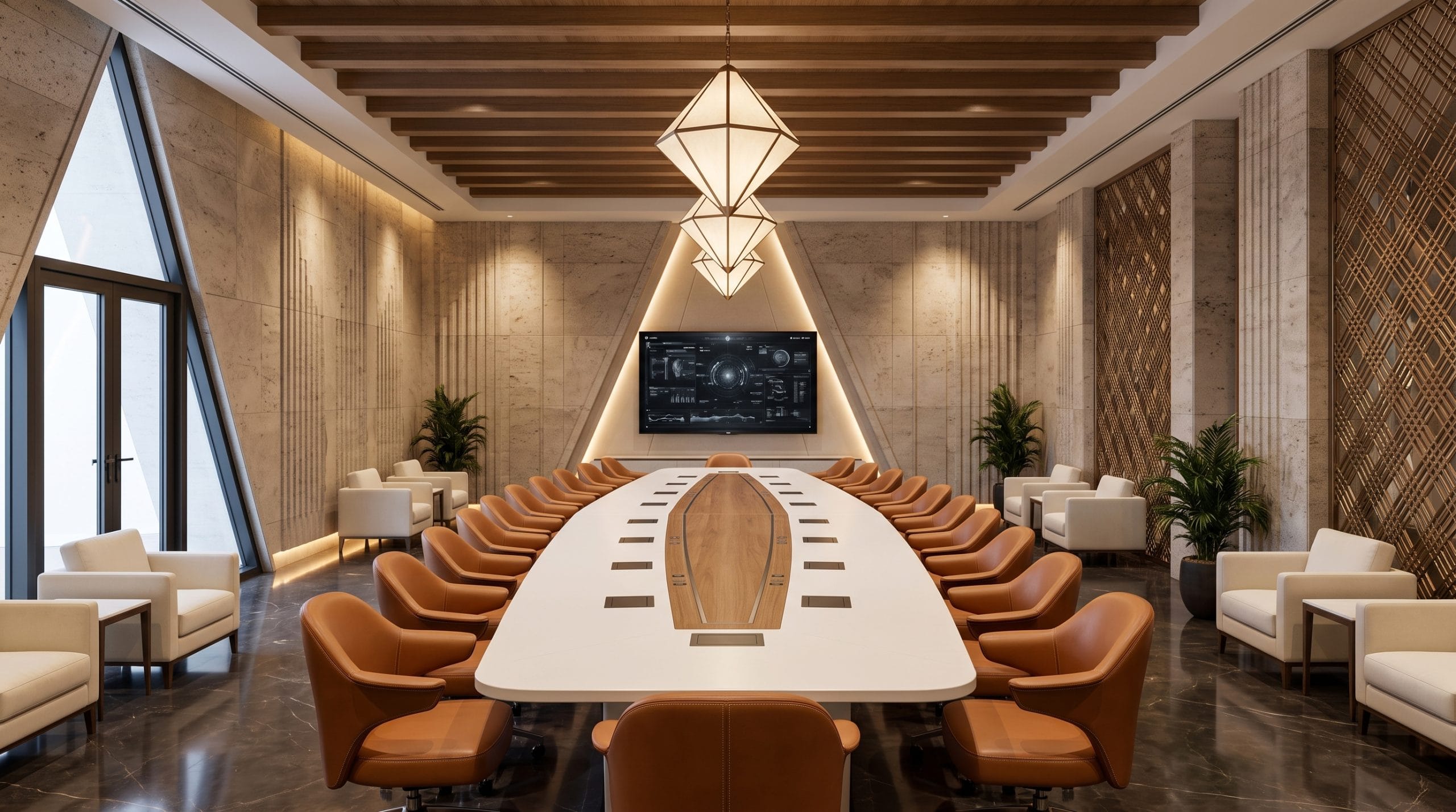 Bespoke white lacquer conference table with wood inlay and tan leather chairs in a stone-clad boardroom