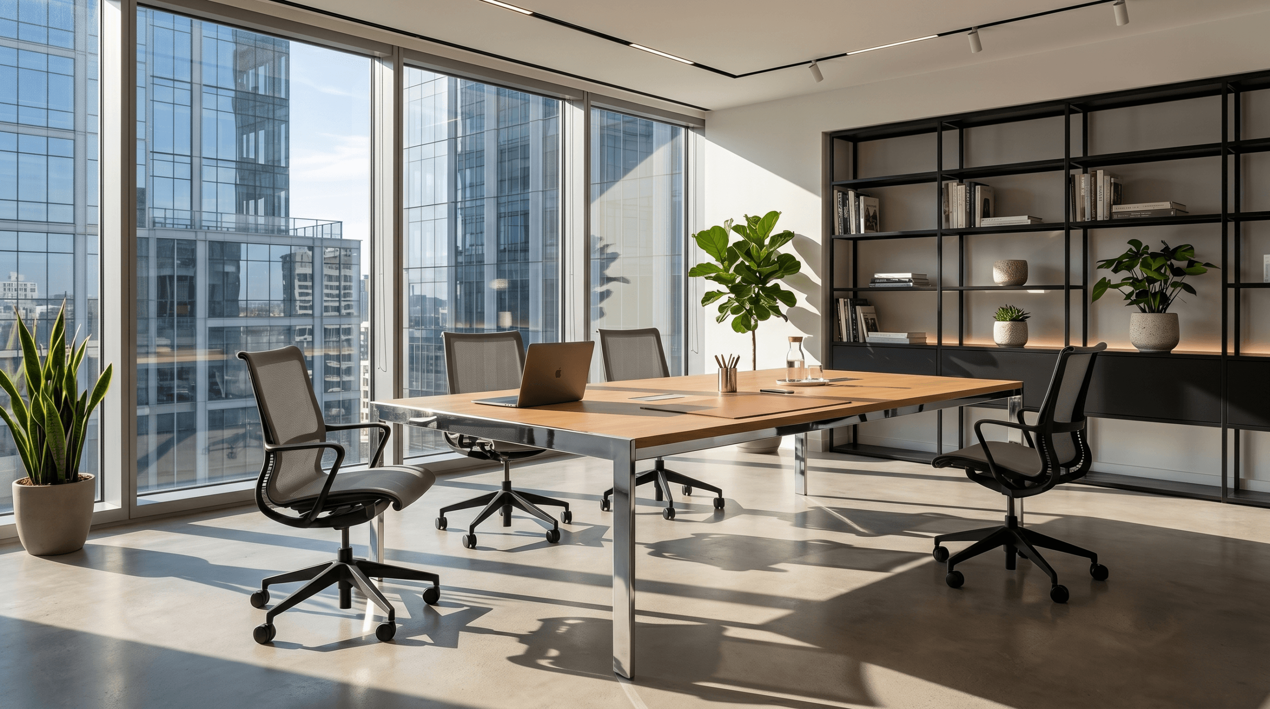 Bright executive office with a bespoke oak meeting table by KZ Bespoke