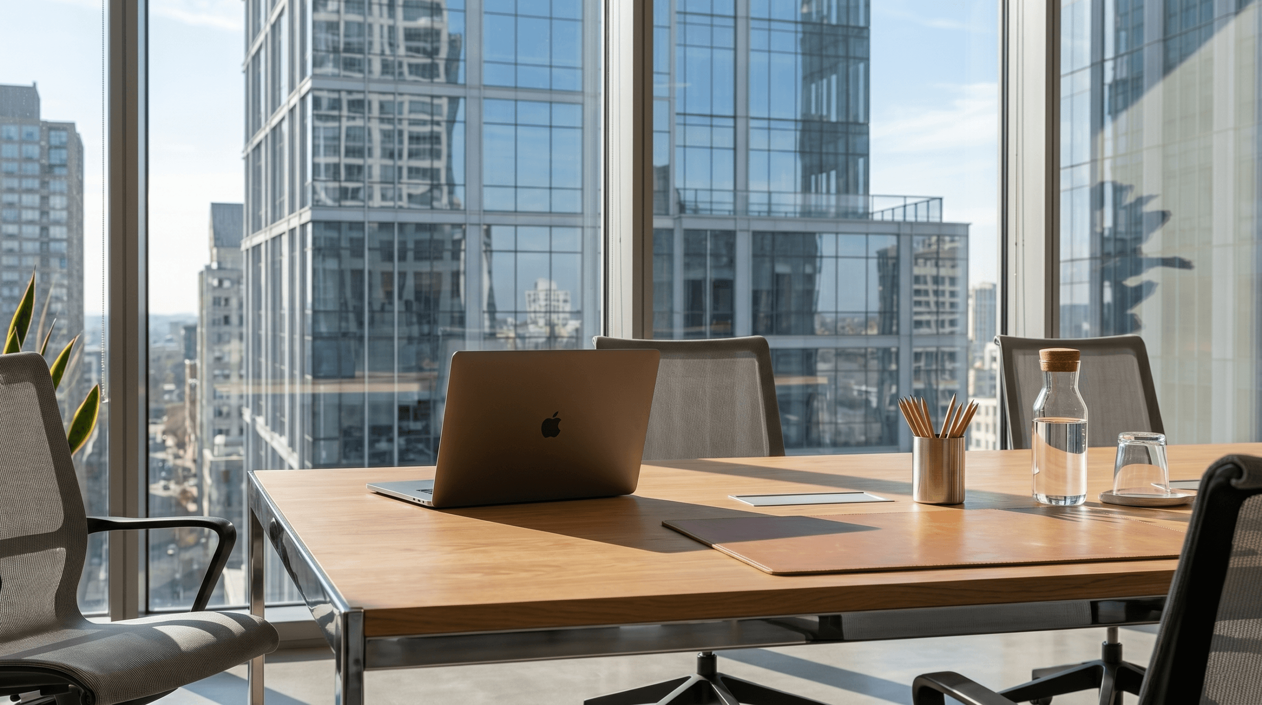 Oak conference table with chrome base and city skyline view – KZ Bespoke office furniture
