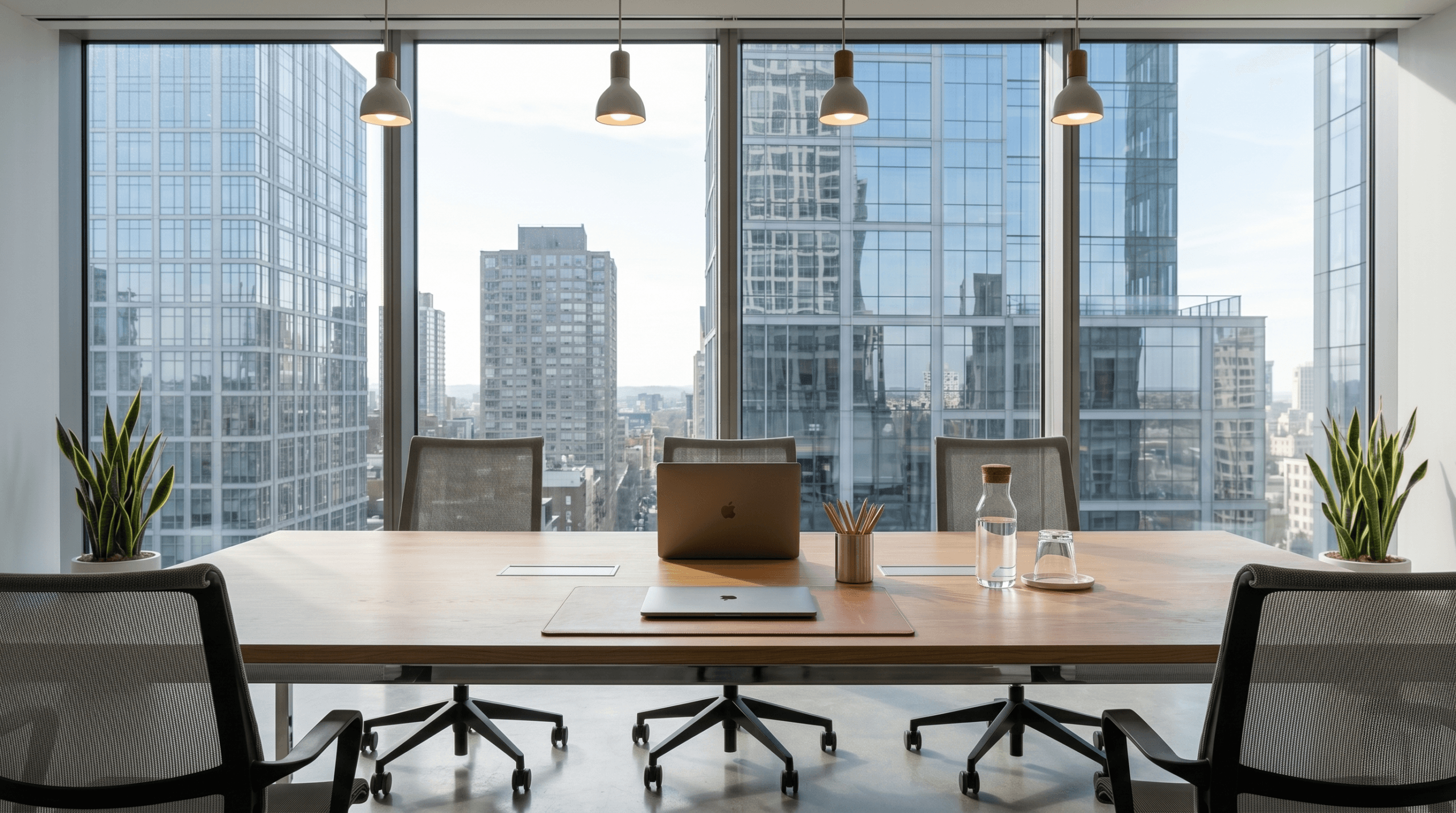 Modern oak meeting table with mesh office chairs in a bright boardroom by KZ Bespoke