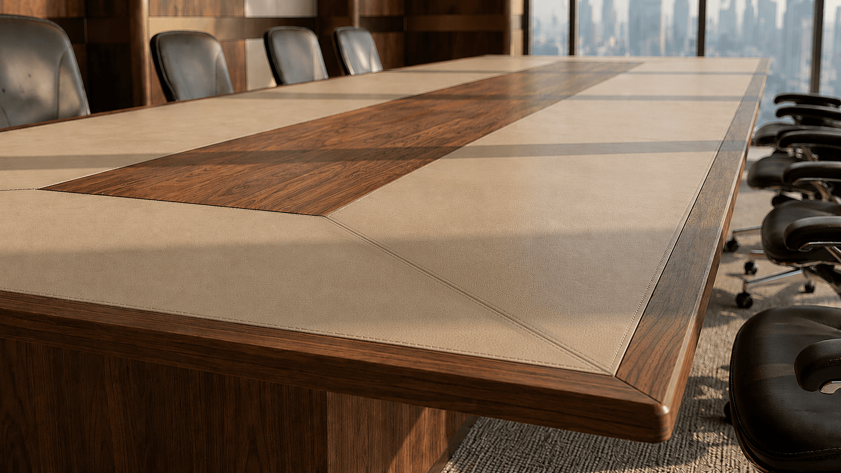 Detail of bespoke leather tabletop with walnut veneer inlay – KZ Bespoke