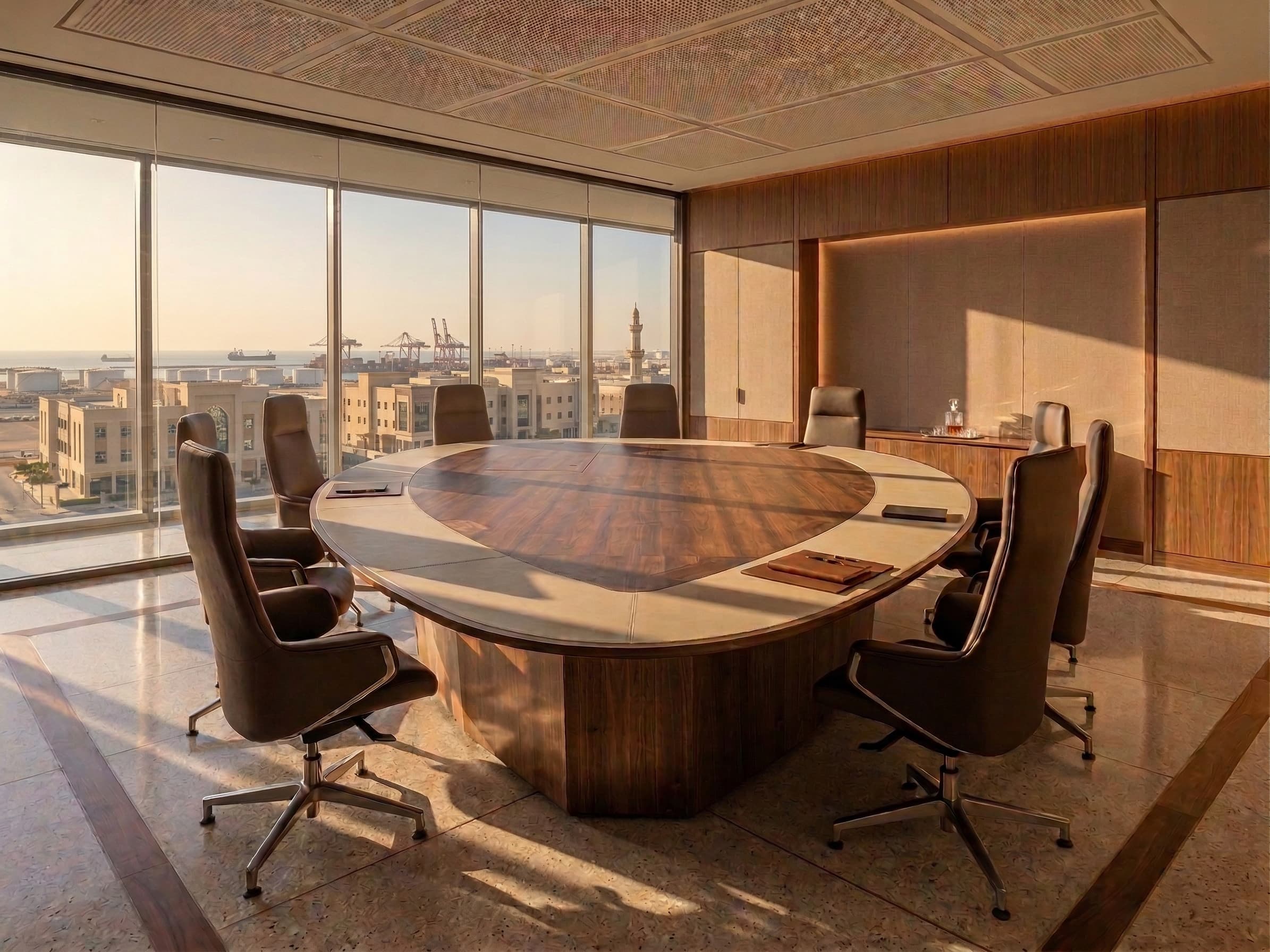 Bespoke oval conference table in walnut and leather with executive chairs – KZ Bespoke