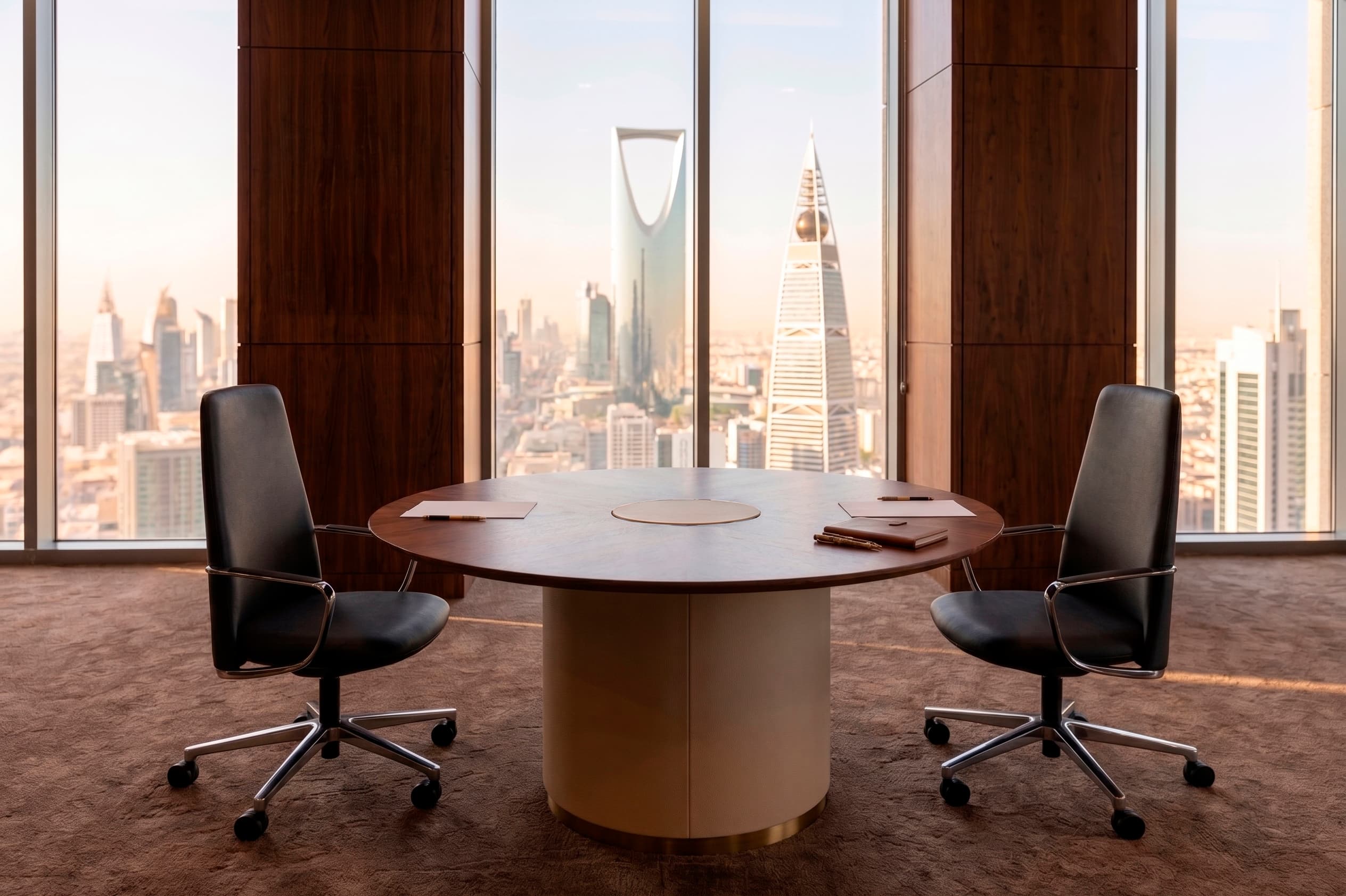 Round meeting table with Riyadh skyline view