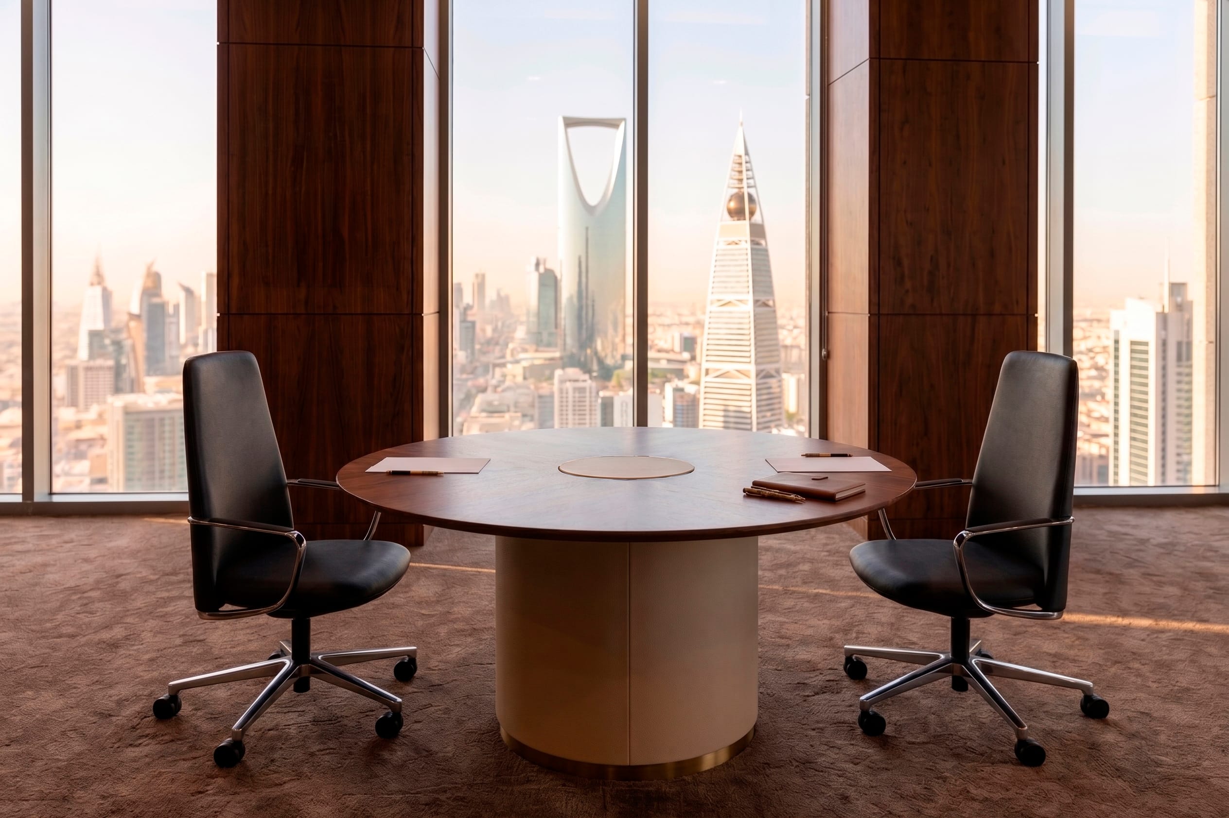 Round meeting table with Riyadh skyline view
