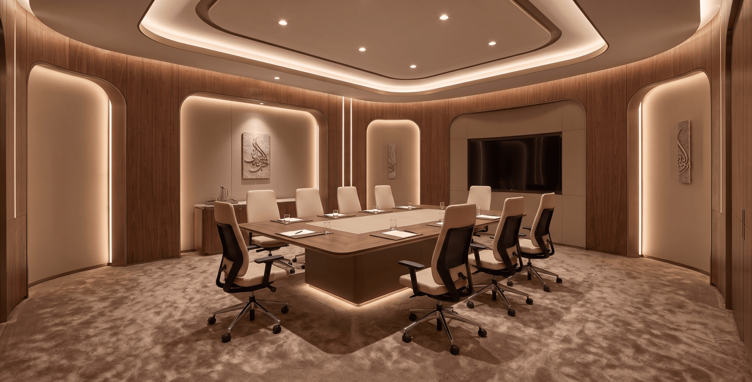 Modern boardroom with wooden table and warm interior design